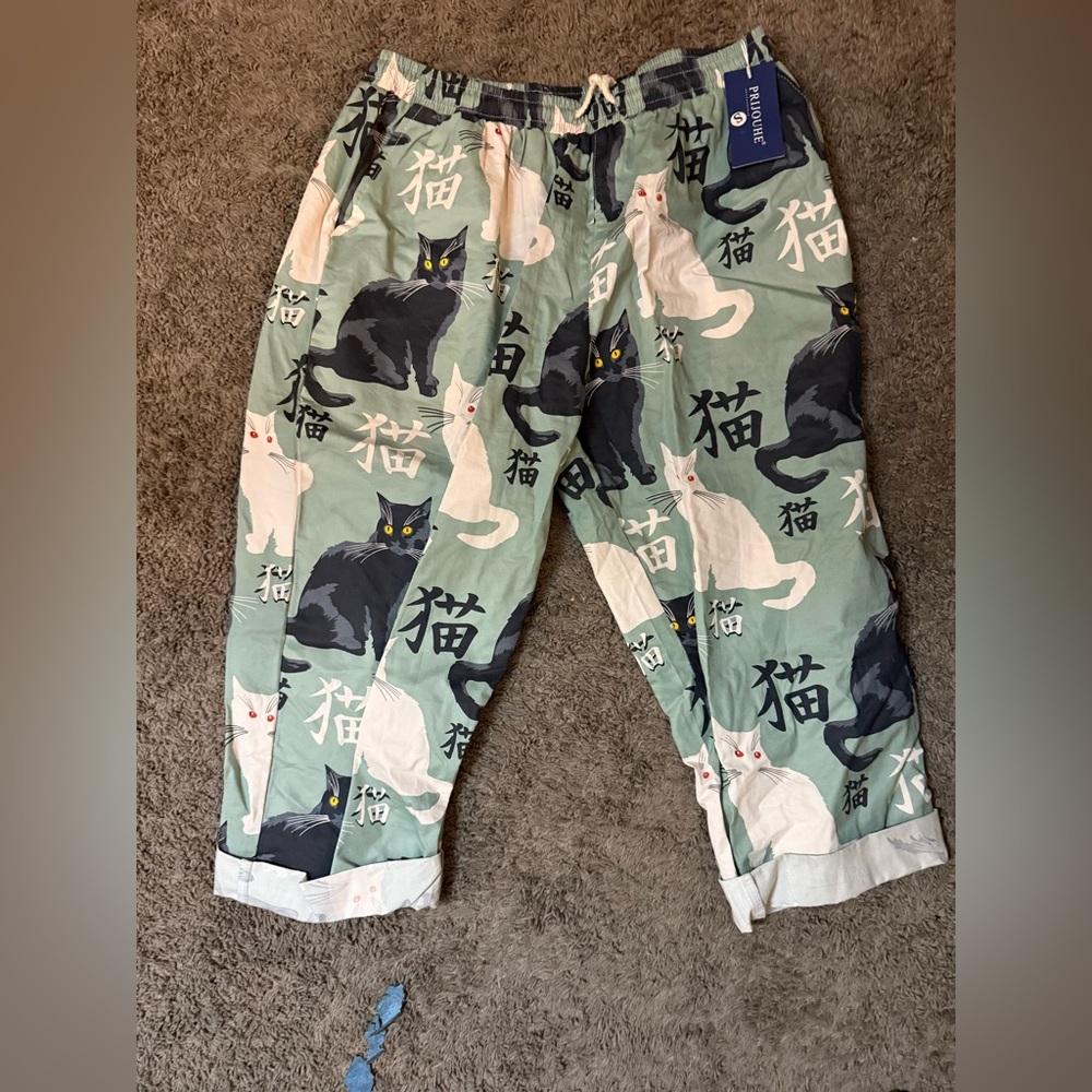 Cat Print Baggy Cotton Pants